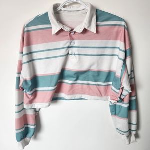 Retro pastel striped croped long sleeved polo